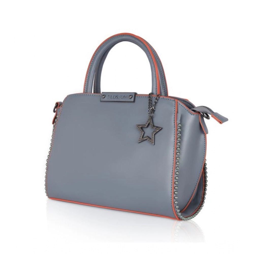 Women’s Faux Leather Handbag – Metal Beads Accent, Grey