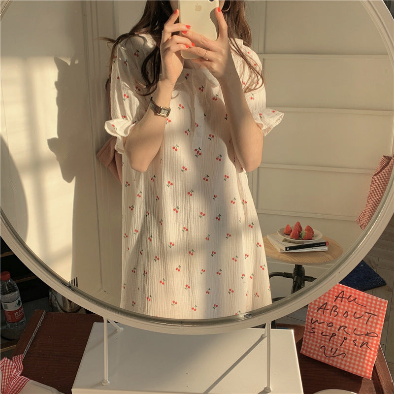 Cute Little Cherry Casual Loungewear Dress Doll Collar Nightdress