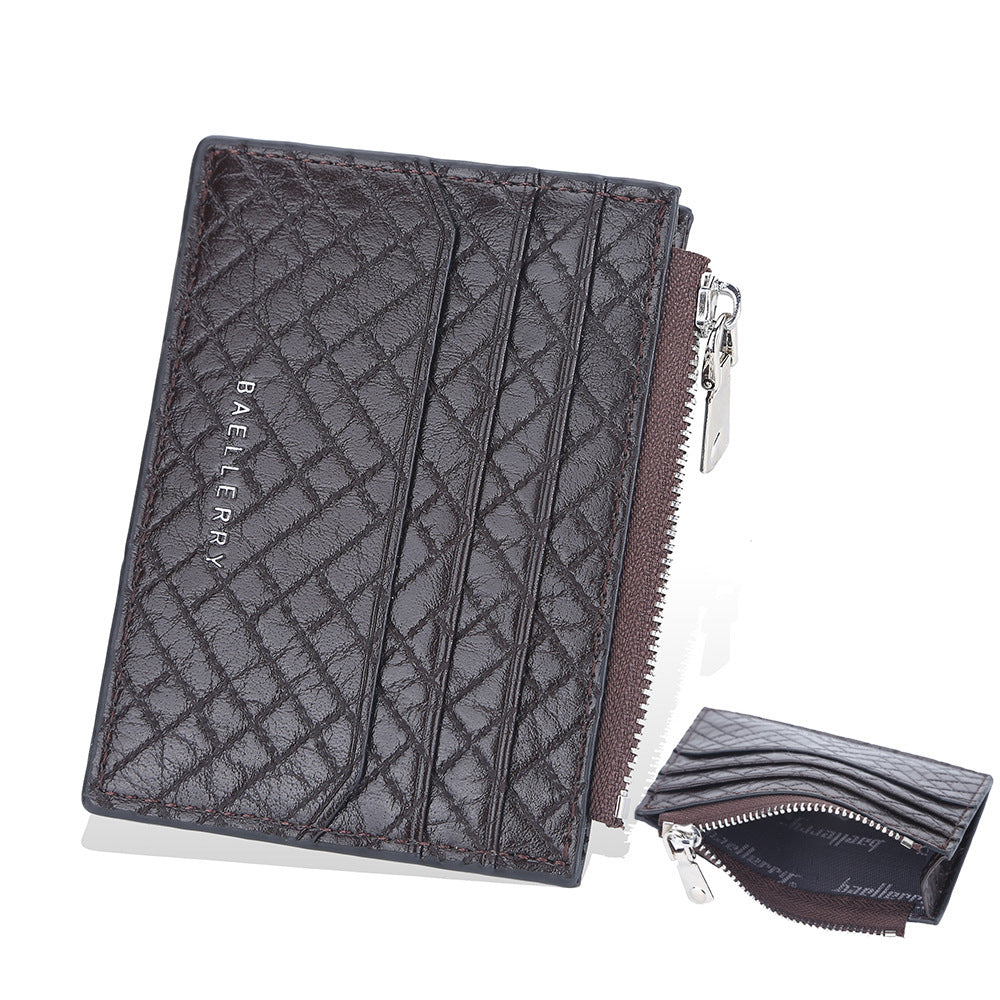Men's Slim PU Leather Plaid Card Bag With Zipper Clip