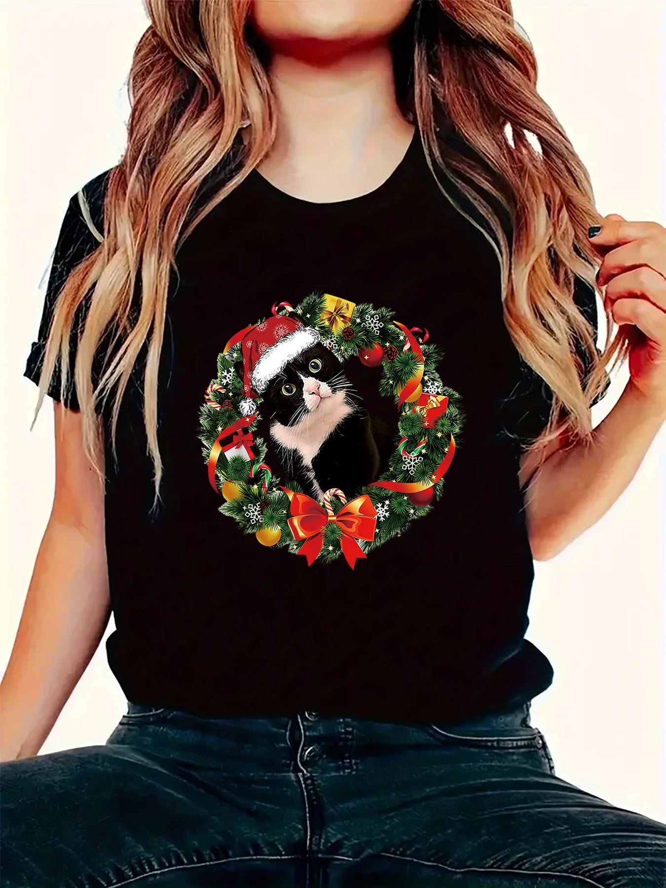 Funny Tuxedo Cat Christmas Wreath Ornament Top