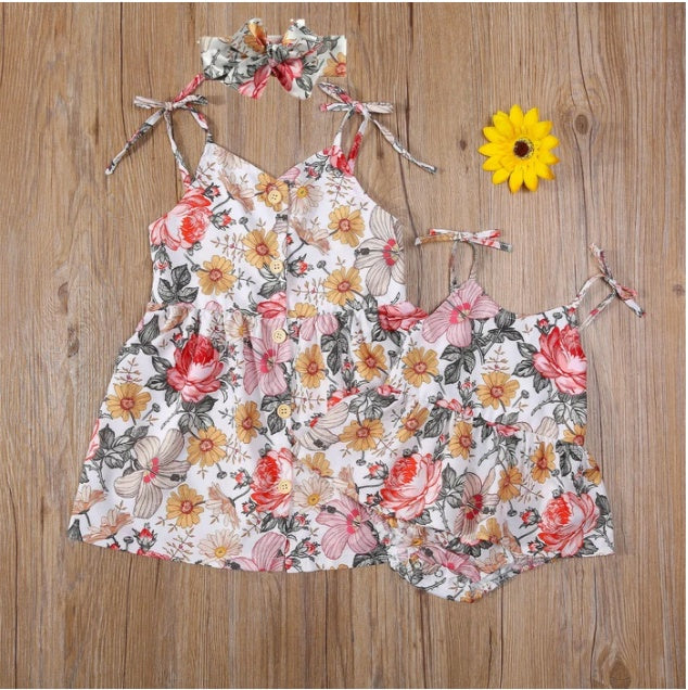 Two-piece Sling Flower Printed Romper Dress And Headband