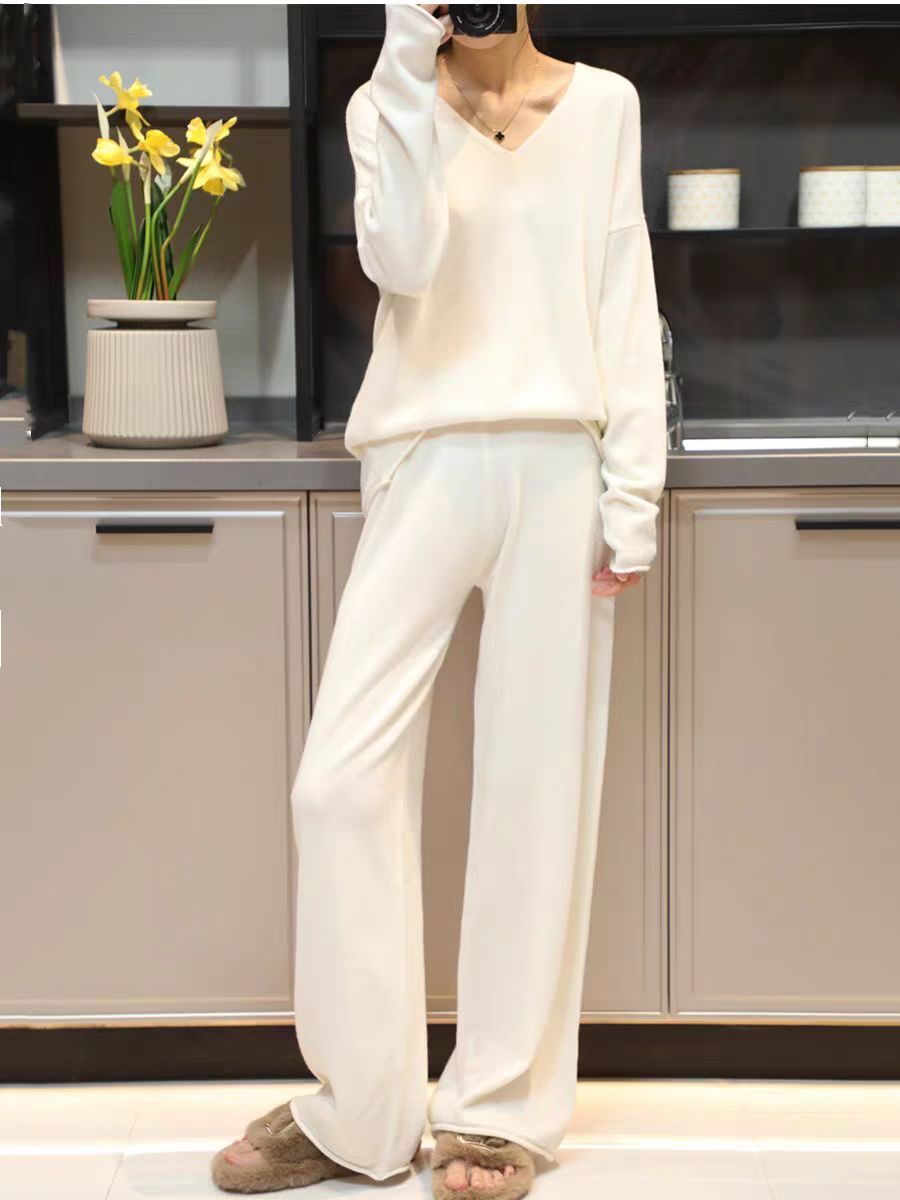 Unisex Korean Cashmere Hooded Top Spliced Wide Leg Pants