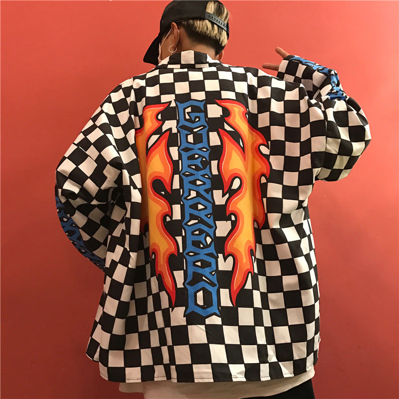 Back Flame Black And White Plaid Shirt Jacket For Men And Women