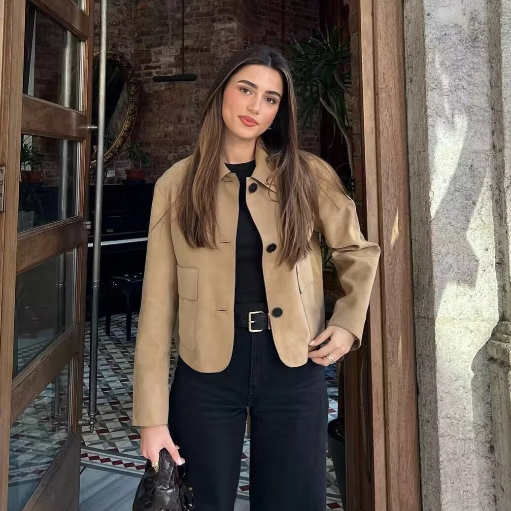 Women's Suede Jacket Coat Long Sleeve Relaxed Fit Loose