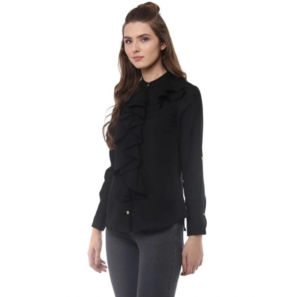 Generic Women's Polyester Ruffled Long Sleeves Top (Black)