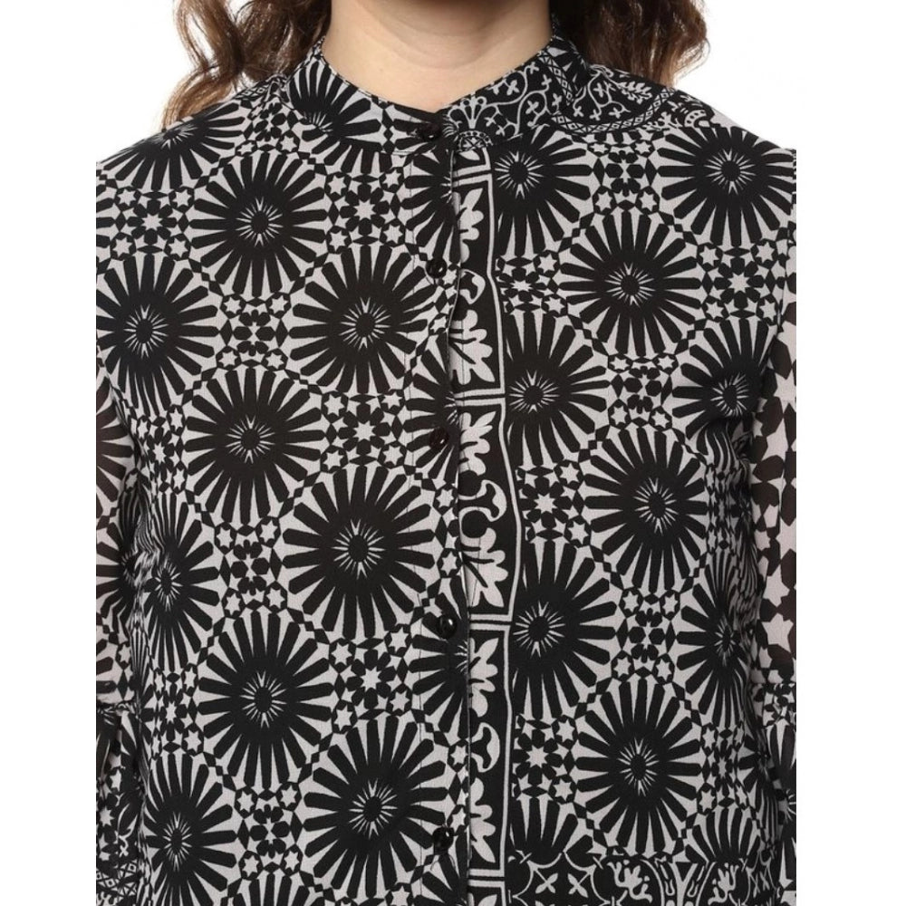 Generic Women's Polyester Printed Balloon Sleeve Top (Black - White)