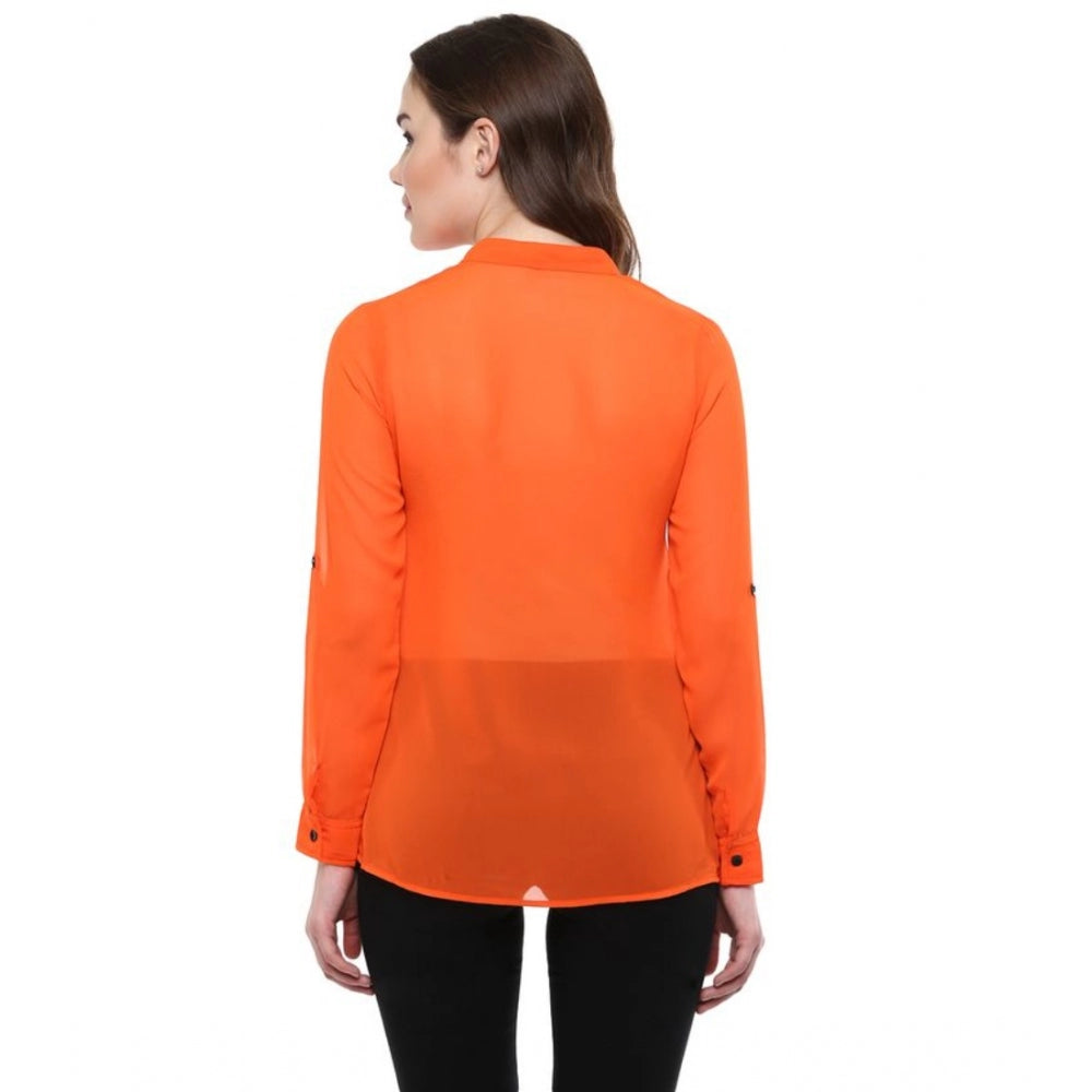 Generic Women's Polyester Solid Long Sleeves Regular Top (Orange)