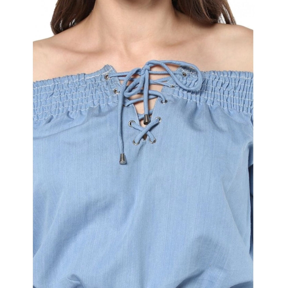 Generic Women's Denim Solid 3-4th Sleeves Regular Top (Blue)