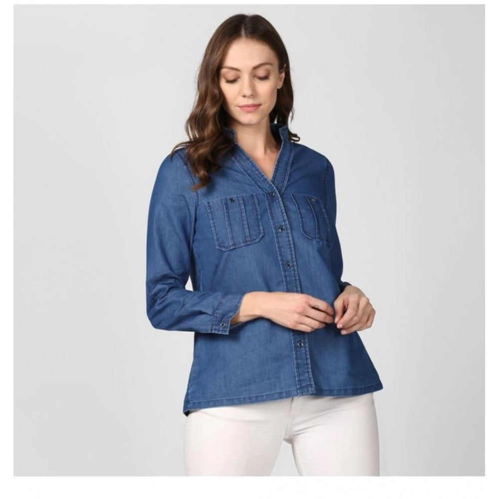 Generic Women's Denim Solid Long Sleeves Top (Blue)