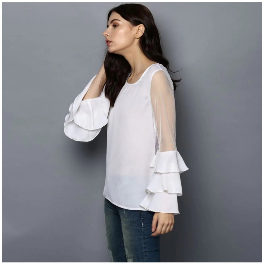 Generic Women's Polyester Solid Tier Sleeve Top (White)