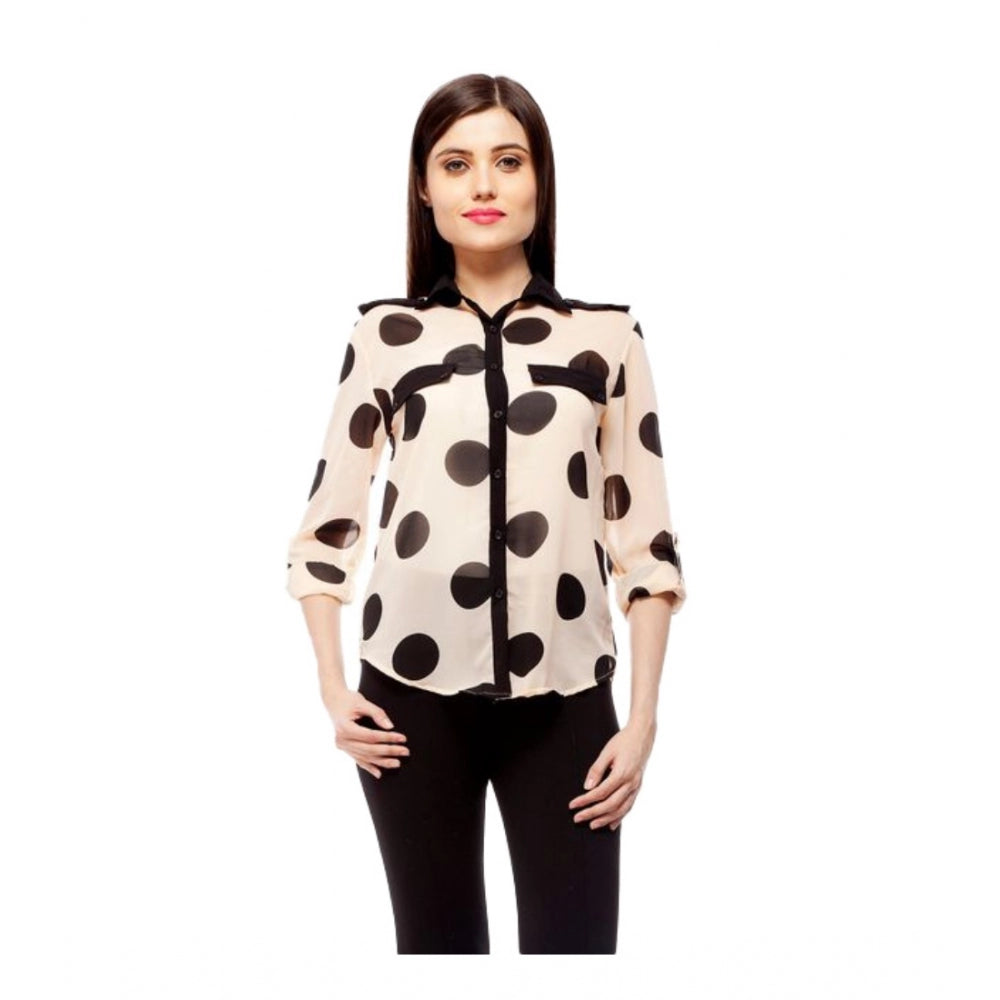 Generic Women's Polyester Polka Roll Up Sleeve Standard Length Shirt (Peach)
