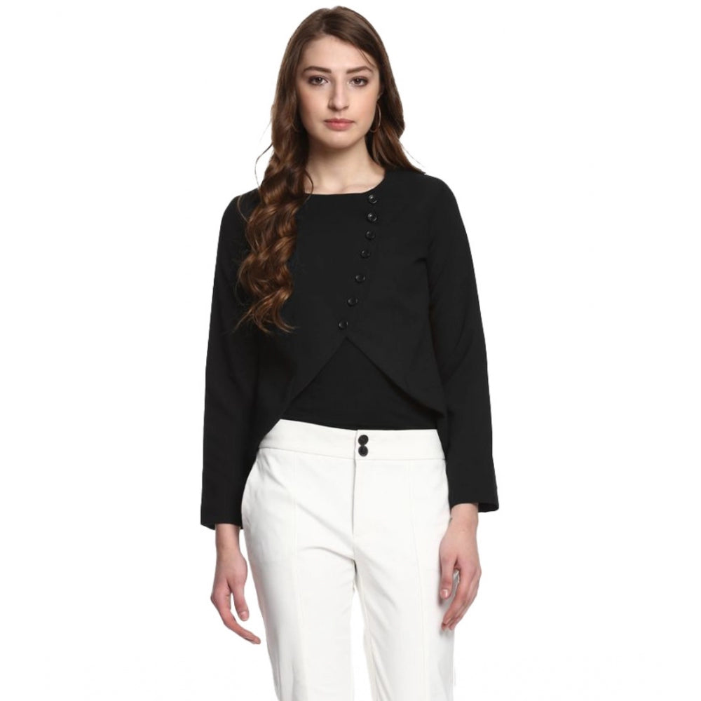 Generic Women's Polyester Diagonal Cut Long Sleeves Blazer (Black)