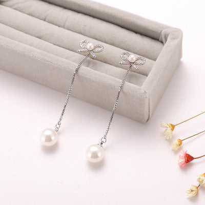 Women's Bow Copper Earrings with Pearl Pendant Long