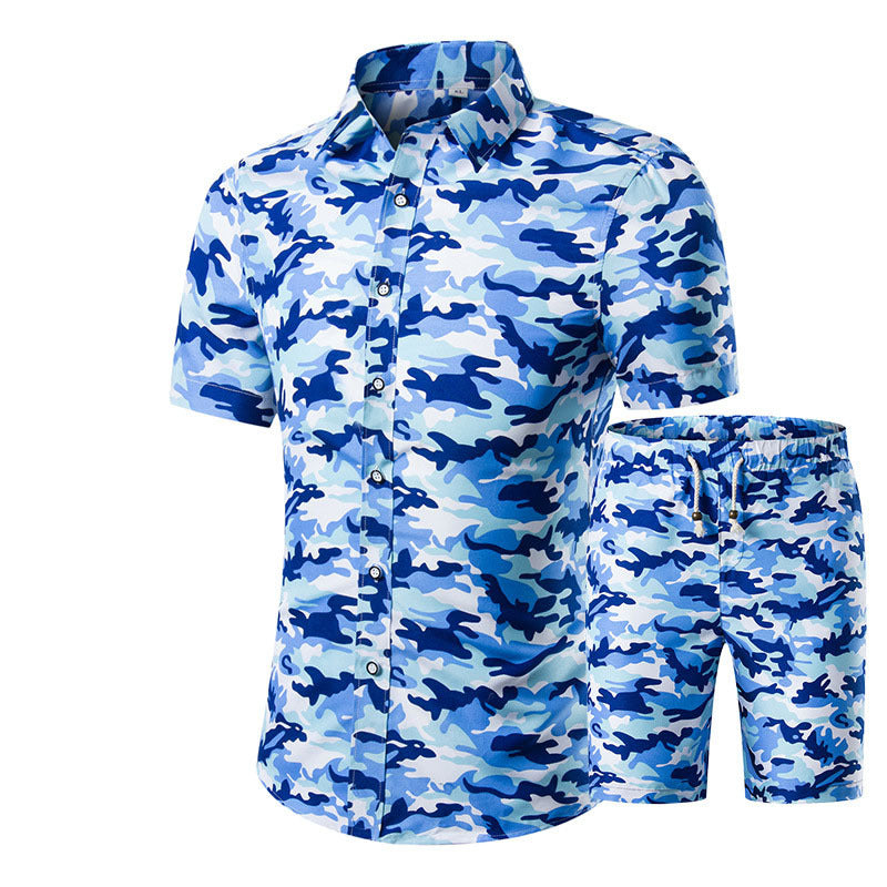 Men's Short-sleeved Shirt Chinese Style Printed Shirt Set