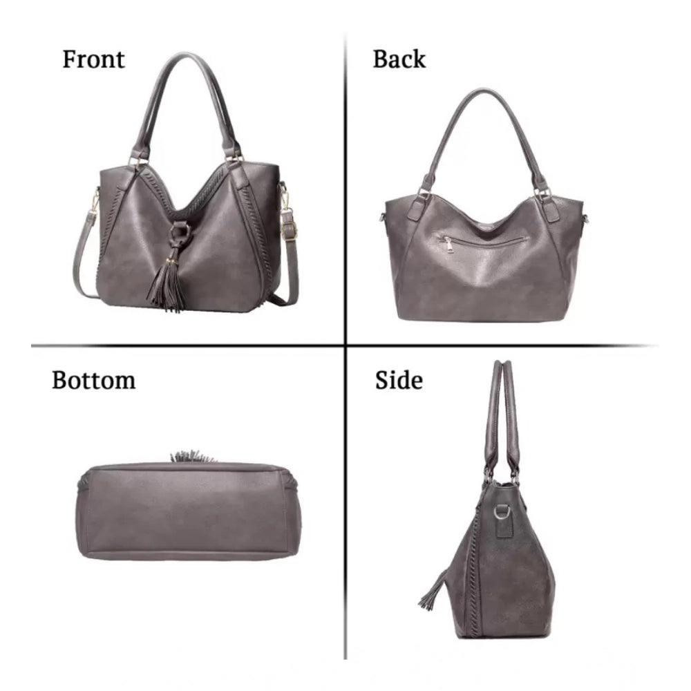 Women’s PU Leather Shoulder Handbag – Large Zipper Tote, Grey