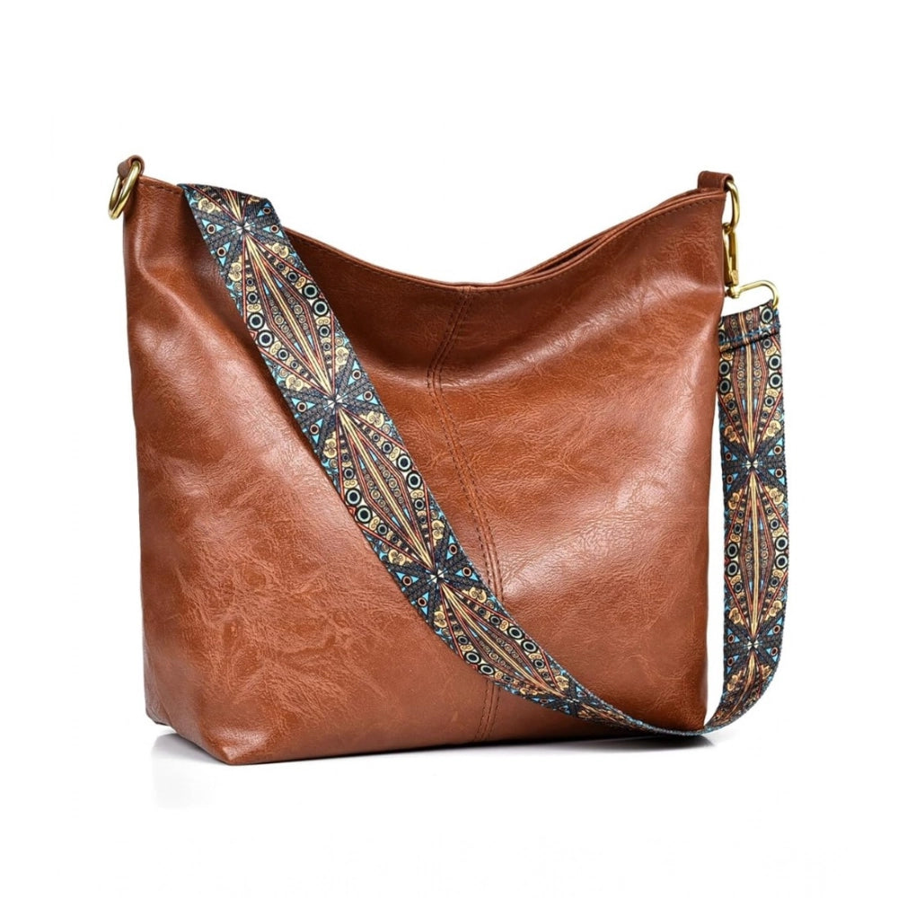 Women’s PU Leather Sling Bag – Medium Zipper Handbag, Brown