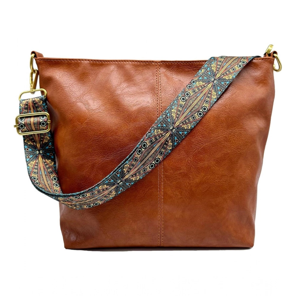 Women’s PU Leather Sling Bag – Medium Zipper Handbag, Brown