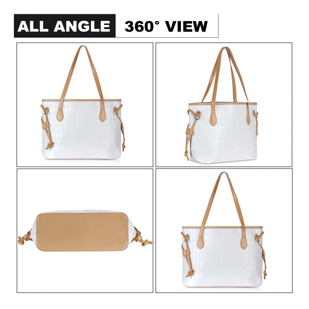 Women’s Canvas Shoulder Handbag – Medium Zipper Tote, White