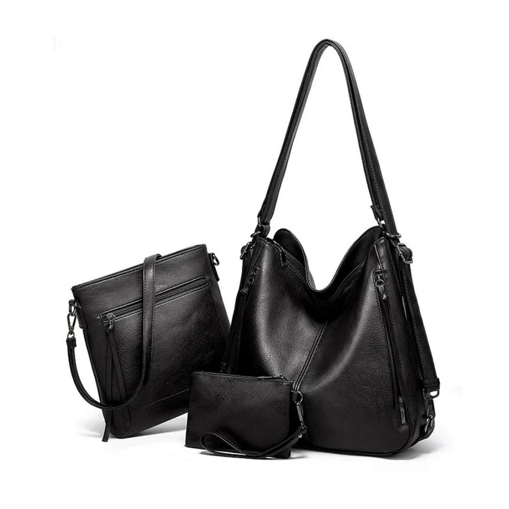 Women’s PU Leather Shoulder Handbag – Medium Zipper Tote, Black