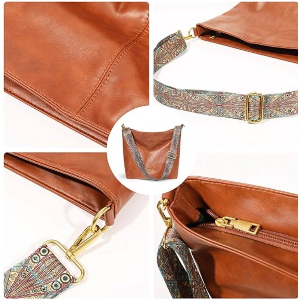 Women’s PU Leather Sling Bag – Medium Zipper Handbag, Brown