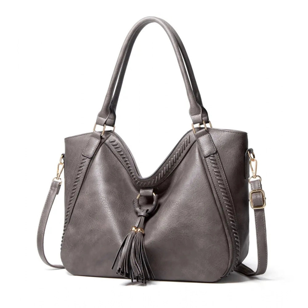 Women’s PU Leather Shoulder Handbag – Large Zipper Tote, Grey