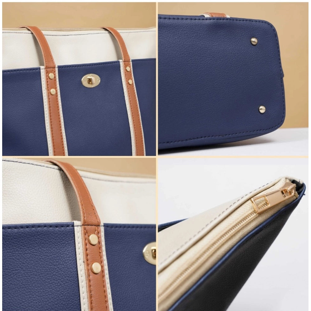 Women’s Faux Leather Shoulder Handbag – Large Zipper Tote, Dark Blue