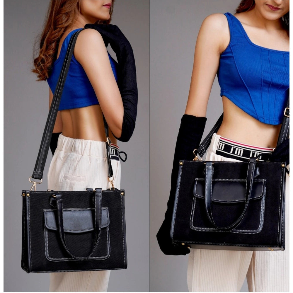 Women’s Canvas Satchel Handbag – Medium Top Handle Zipper Tote, Black