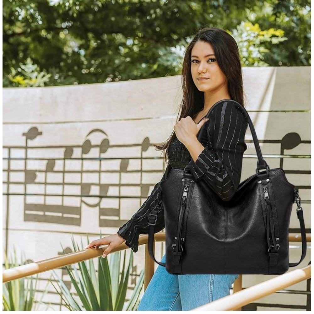 Women’s PU Leather Shoulder Handbag – Large Zipper Tote, Black