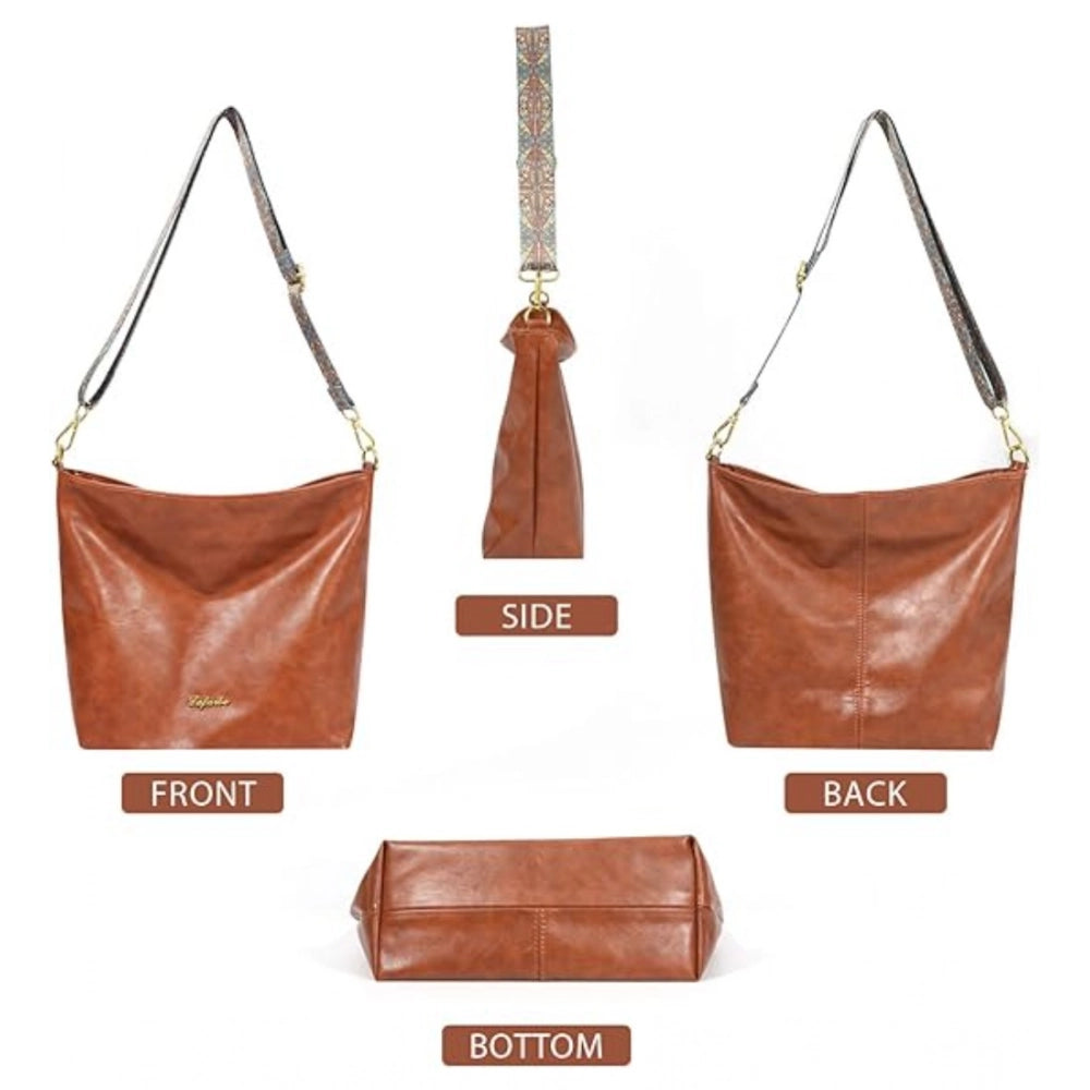Women’s PU Leather Sling Bag – Medium Zipper Handbag, Brown