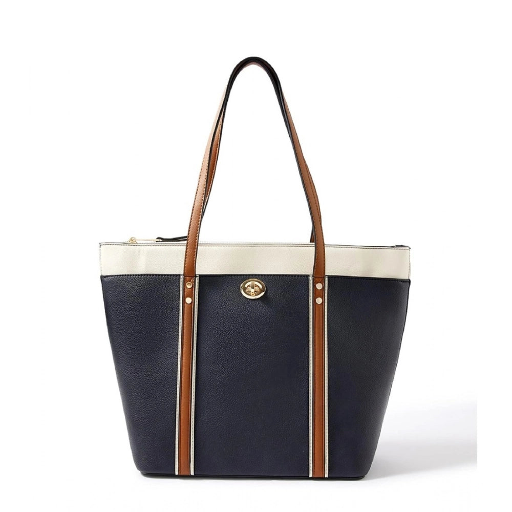 Women’s Faux Leather Shoulder Handbag – Large Zipper Tote, Dark Blue