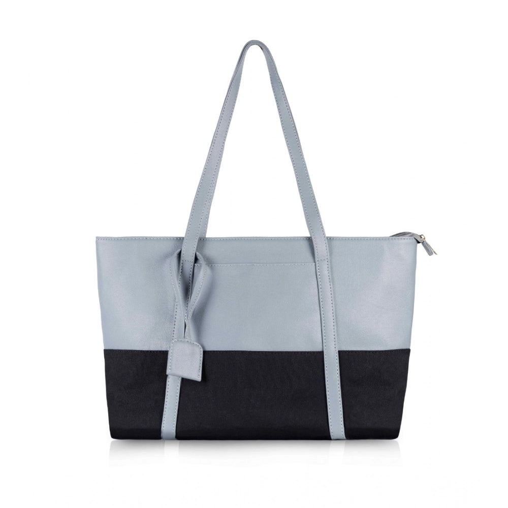 Women’s Faux Leather Shoulder Handbag – Large Zipper Tote, Light Blue
