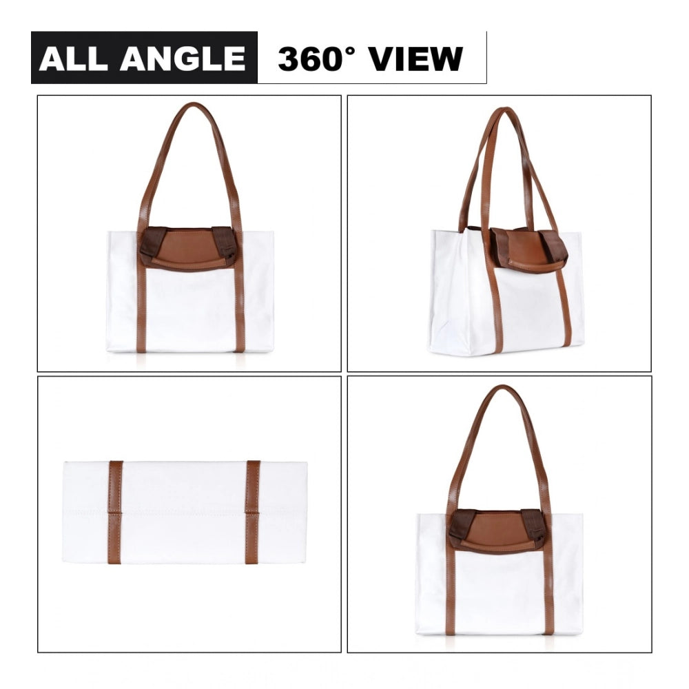 Women’s Canvas Satchel Handbag – Medium Top Handle Zipper Tote, White