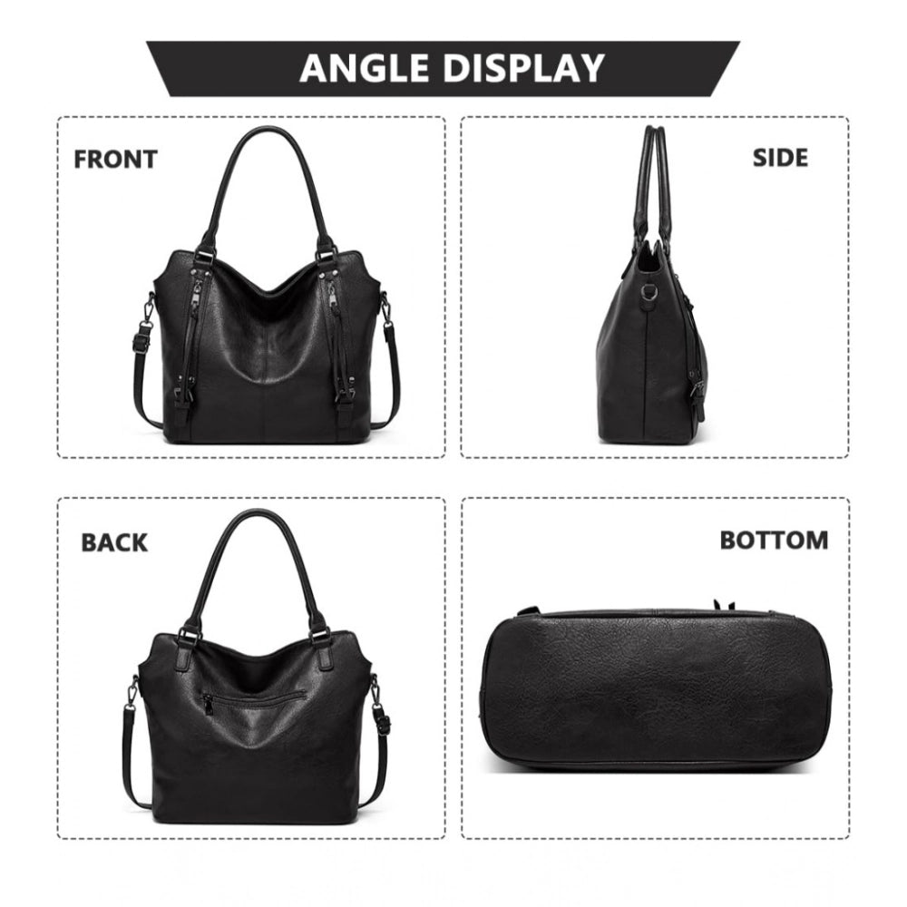 Women’s PU Leather Shoulder Handbag – Large Zipper Tote, Black