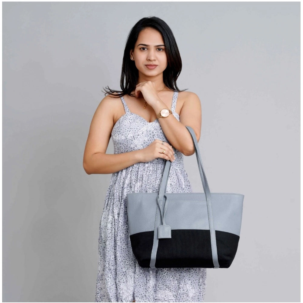 Women’s Faux Leather Shoulder Handbag – Large Zipper Tote, Light Blue