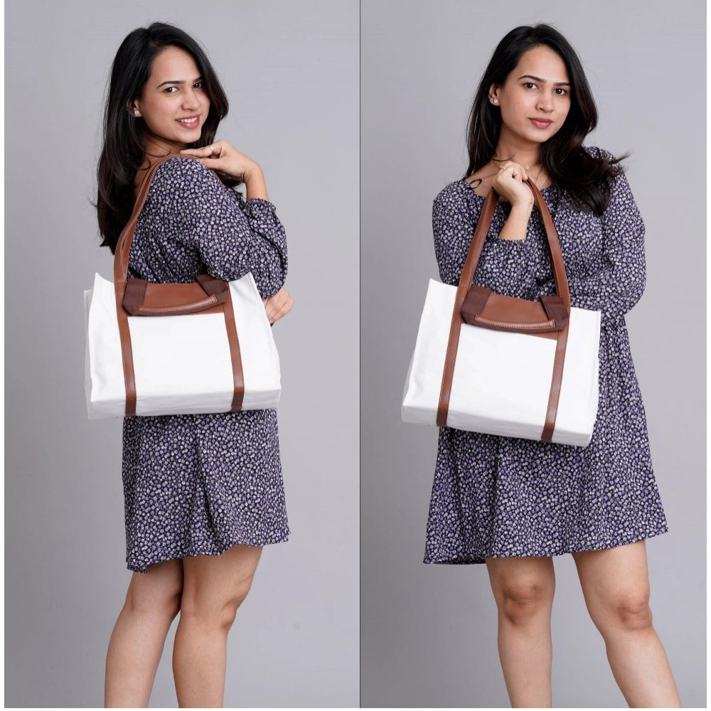 Women’s Canvas Satchel Handbag – Medium Top Handle Zipper Tote, White