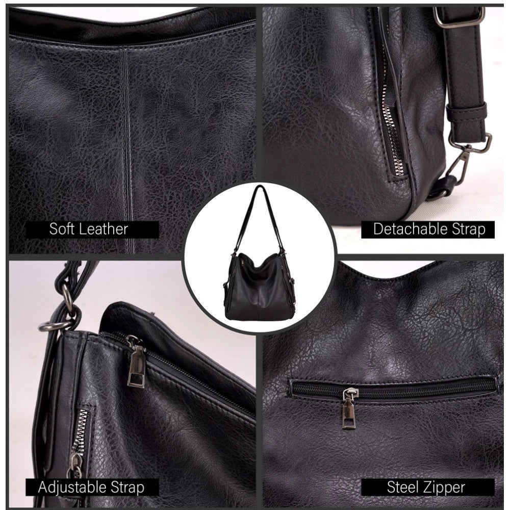 Women’s PU Leather Shoulder Handbag – Medium Zipper Tote, Black