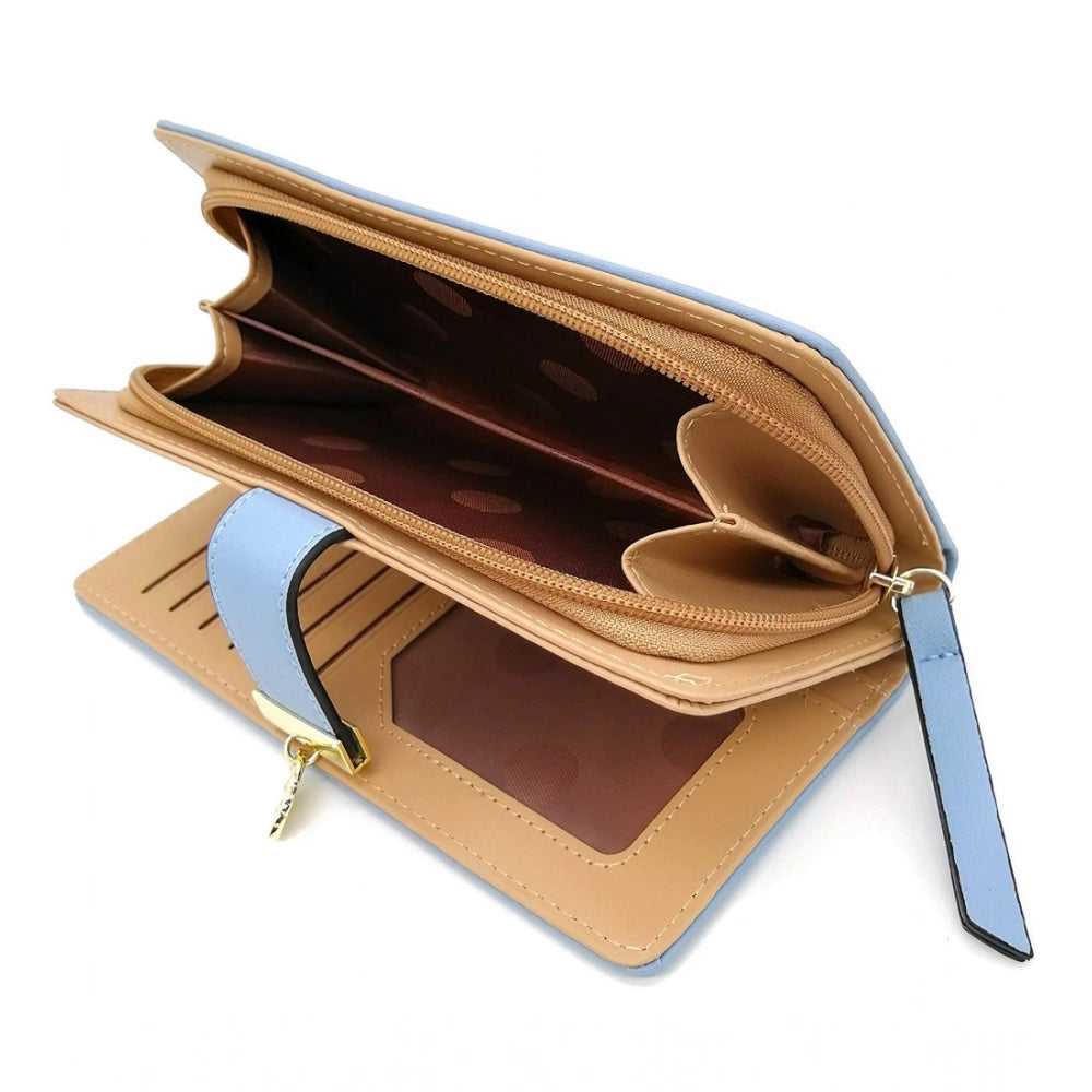 Women’s Faux Leather Snap Button Wallet – Medium Size, Blue