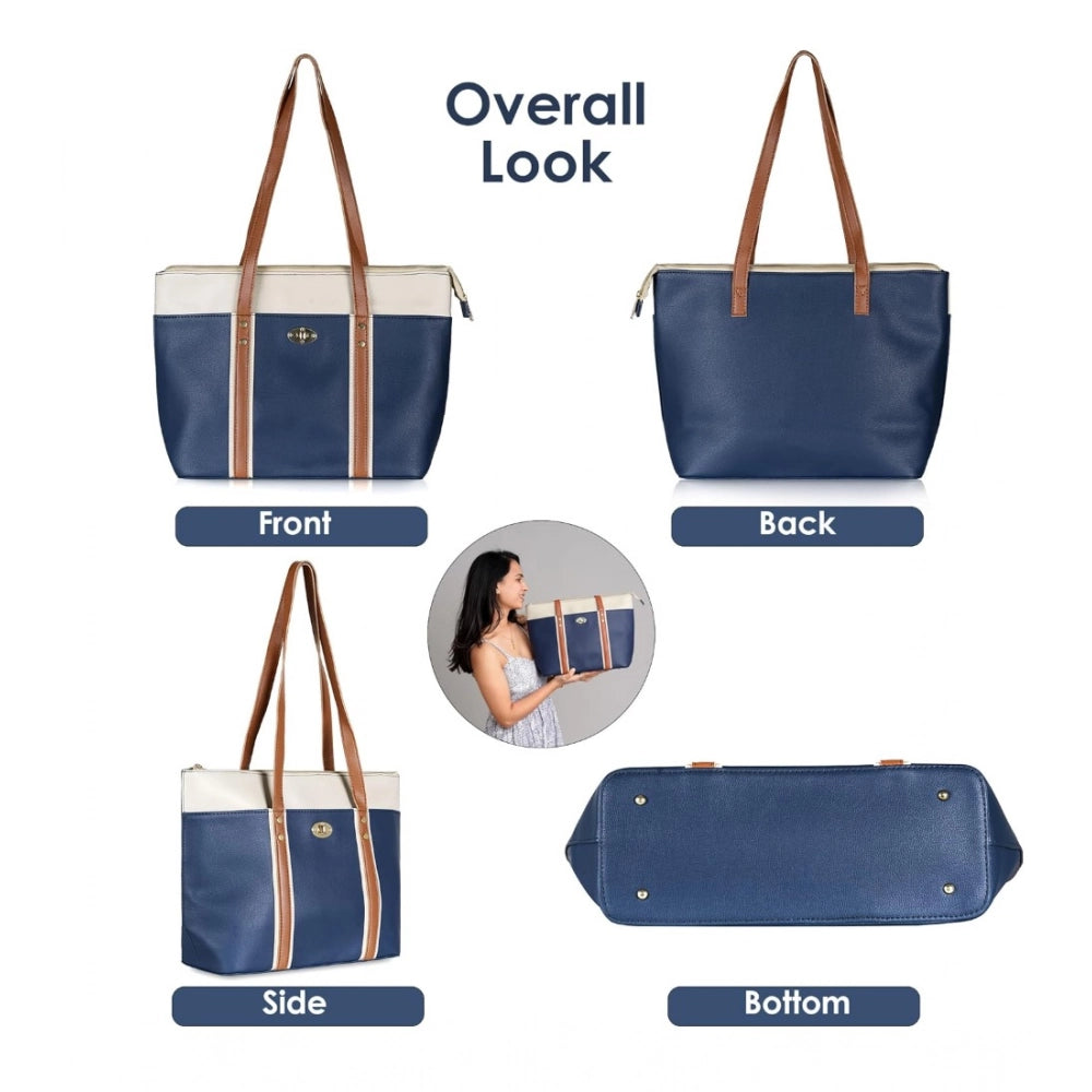 Women’s Faux Leather Shoulder Handbag – Large Zipper Tote, Dark Blue