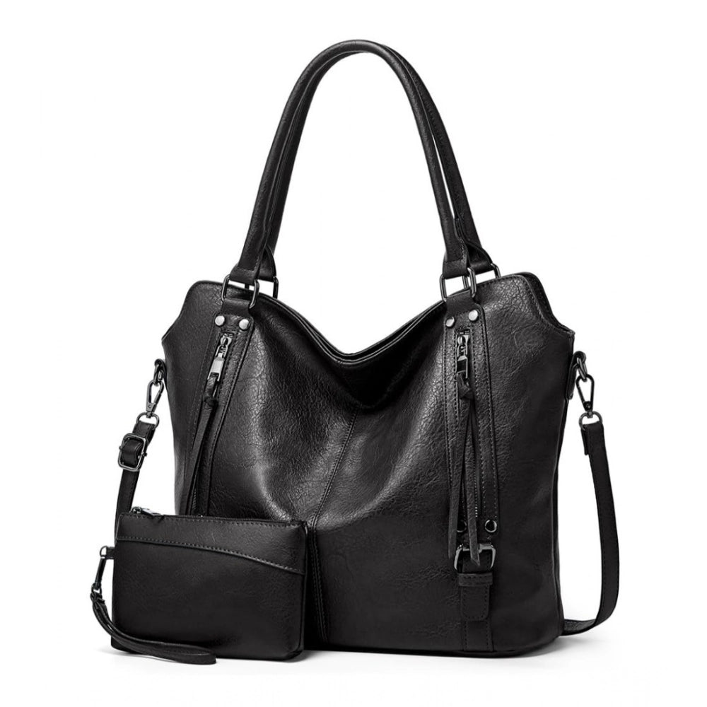 Women’s PU Leather Shoulder Handbag – Large Zipper Tote, Black