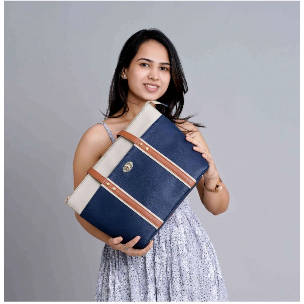 Women’s Faux Leather Shoulder Handbag – Large Zipper Tote, Dark Blue