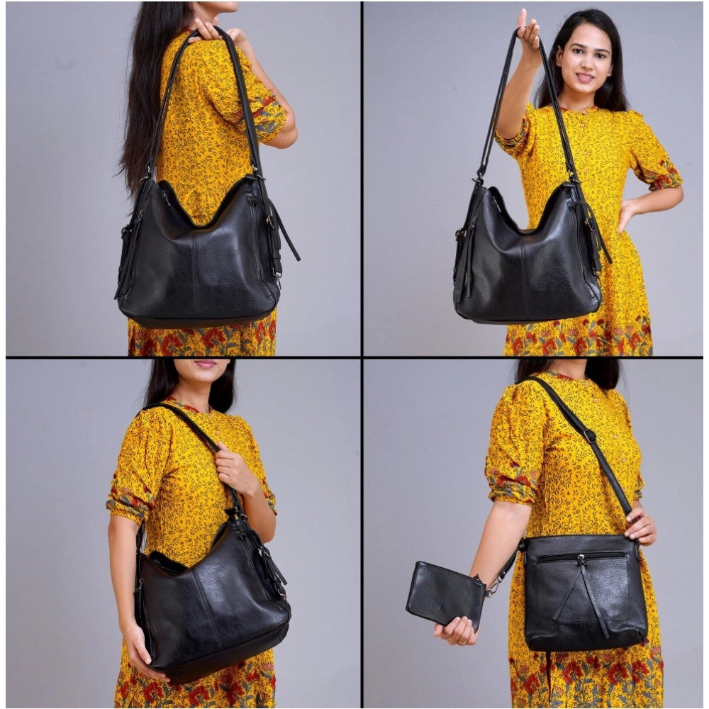 Women’s PU Leather Shoulder Handbag – Medium Zipper Tote, Black