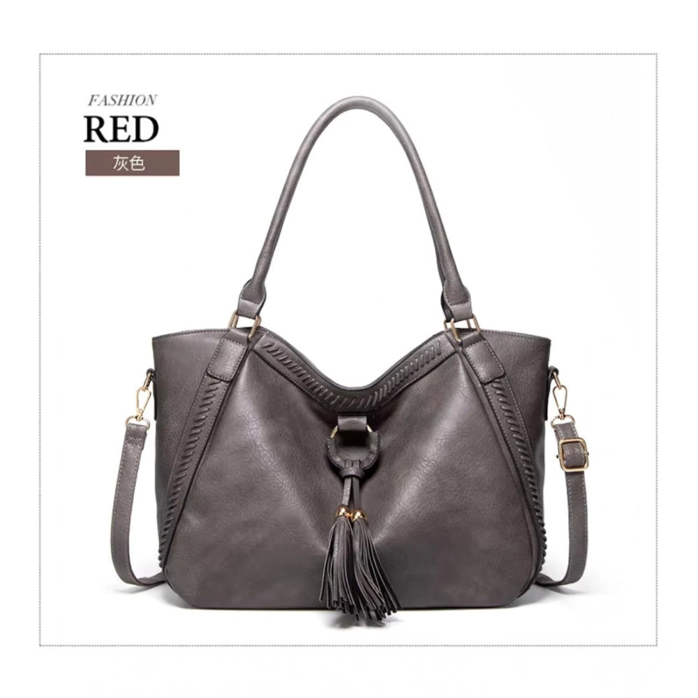 Women’s PU Leather Shoulder Handbag – Large Zipper Tote, Grey