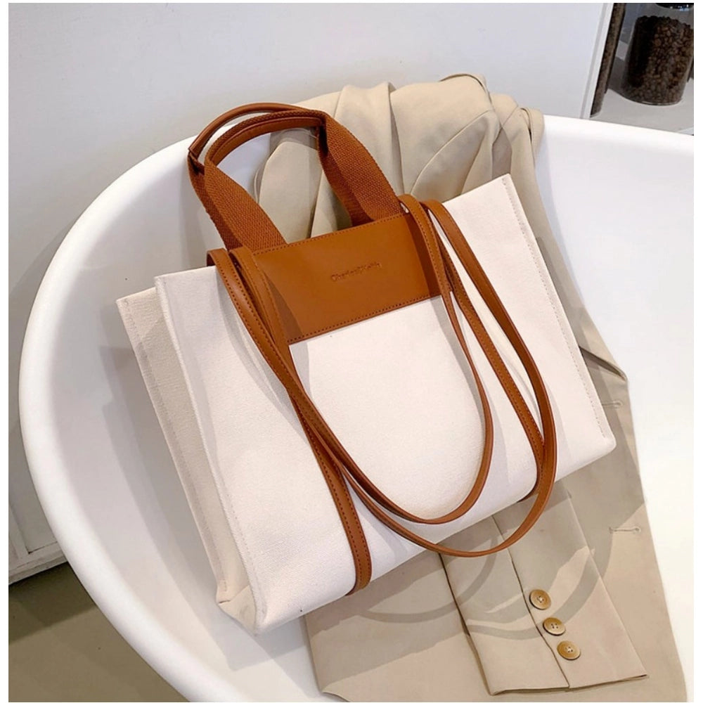 Women’s Canvas Satchel Handbag – Medium Top Handle Zipper Tote, White