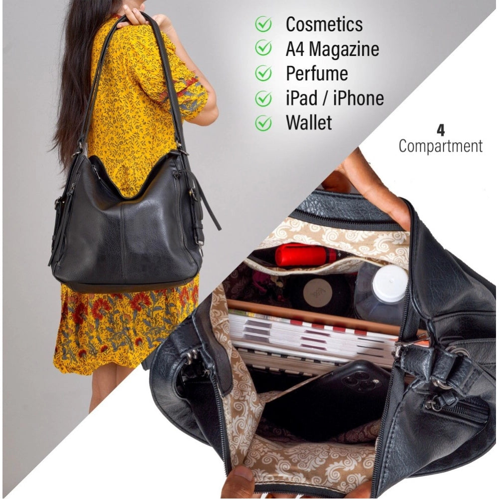 Women’s PU Leather Shoulder Handbag – Medium Zipper Tote, Black