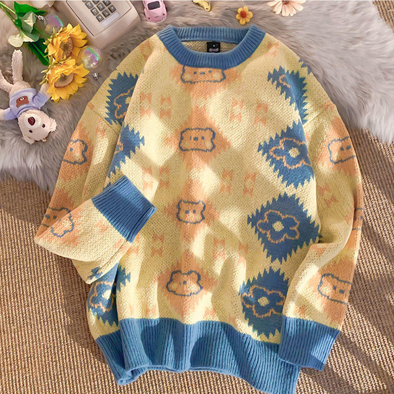 Bear Knitted Crew Neck Pullover Lazy Sweater Women