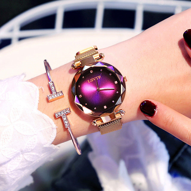 Slim Rose Gold Women's Diamond Starry Sky Magnet Strap Watch