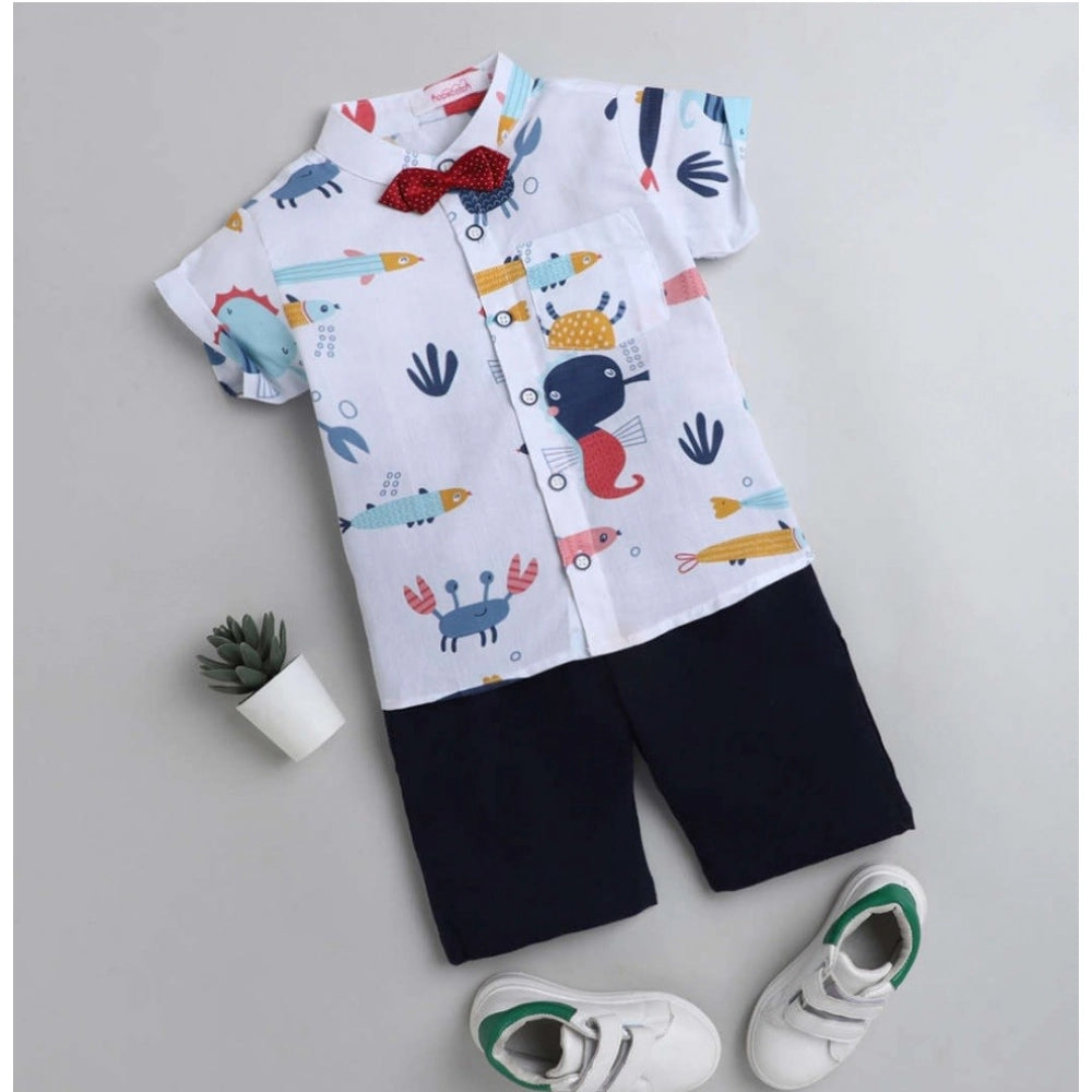 Generic Boy's Cotton Blend Printed Short Sleeve Shirt and Shorts Set (White)