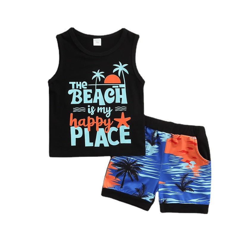 Boys Summer Seaside Vacation Style Coconut Tree Beach Suit