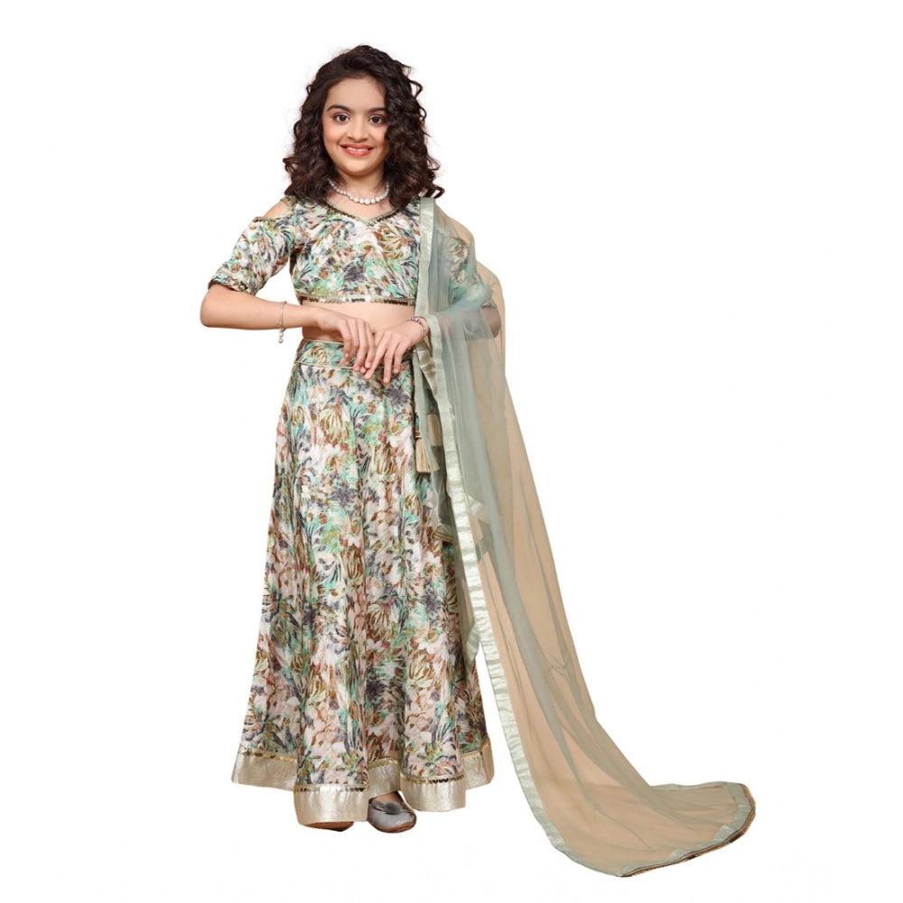 Generic Girl's Chiffon Printed Lehenga Choli Set (Green)