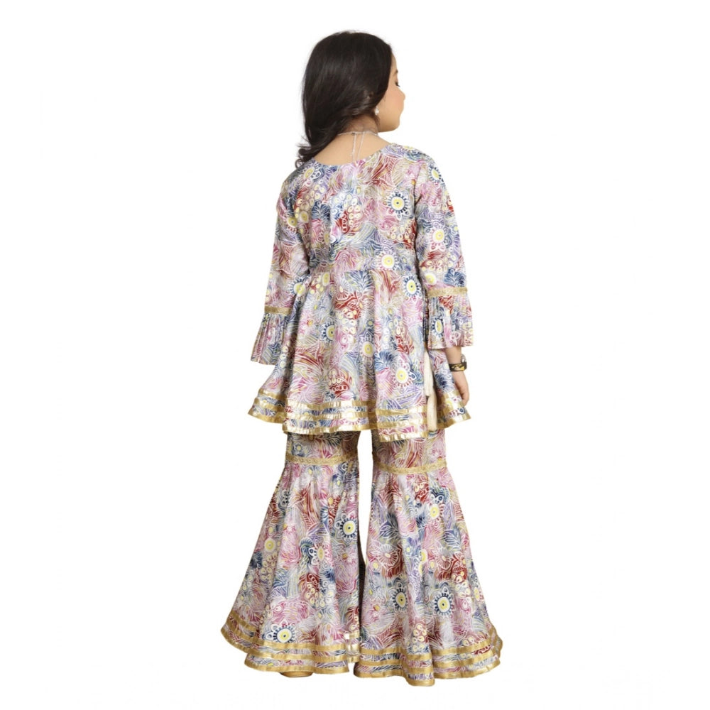 Generic Girl's Maslin Embrodrery Lace Aliya Cut Top With Sharara Dupatta Set (Baby Pink)